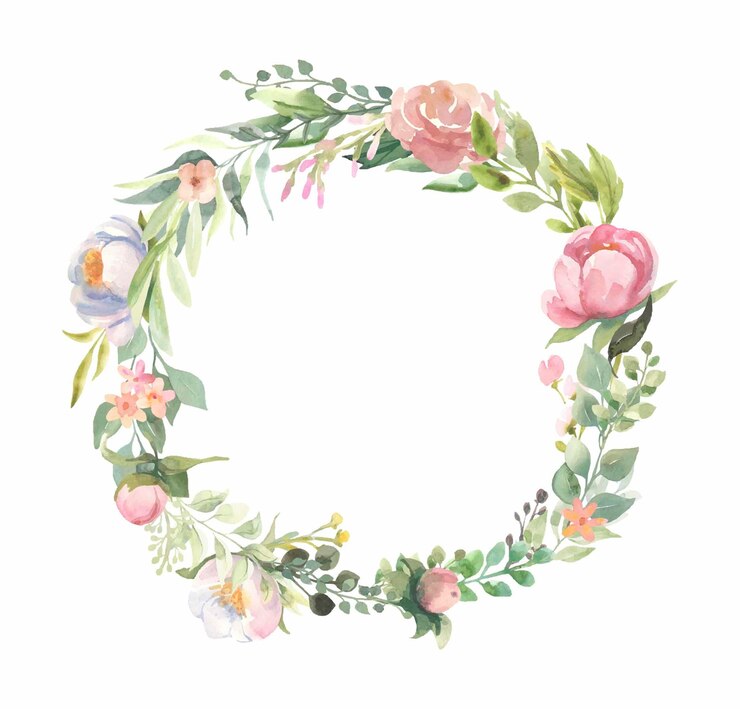 Watercolor frame  with pink flower bouquets, green leaves.