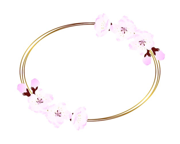 Watercolor frame with soft pink cherry blossom and Golden oval For wedding design textiles ceramics invitations greetings packaging scrapbooking