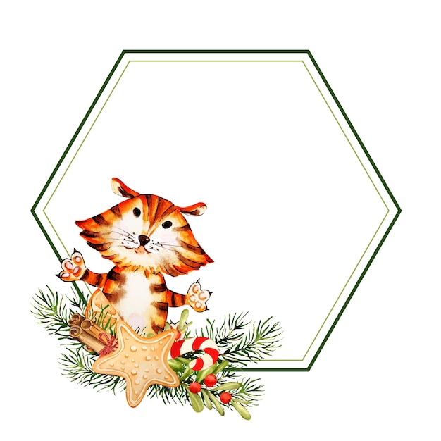 Watercolor FRAME with TIGER and CHRISTMAS ELEMENTS isolated on white background