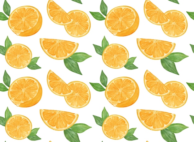 Акварель свежесрезанный ломтик апельсина бесшовный фон ручной рисунок нарисованная иллюстрация на белом фоне