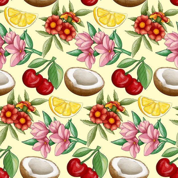 Vector watercolor fruit and floral pattern design