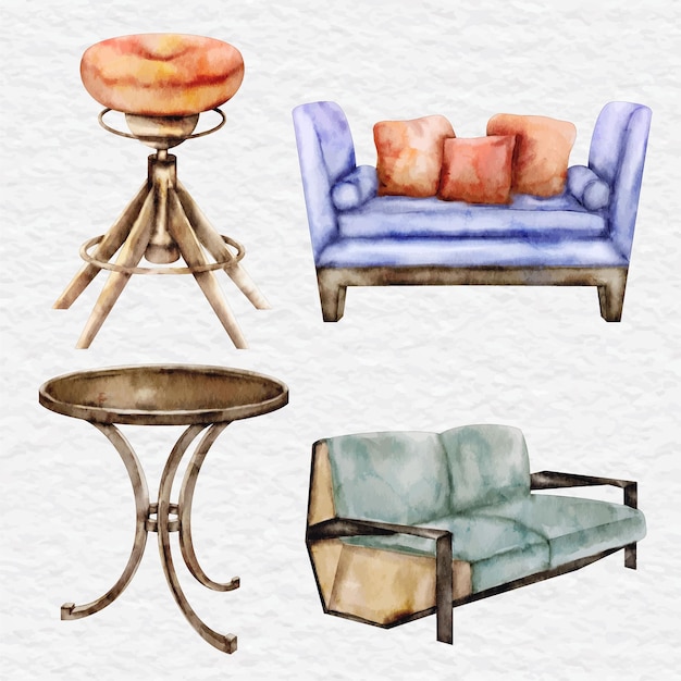 Watercolor furniture sofa couch chair element clip art