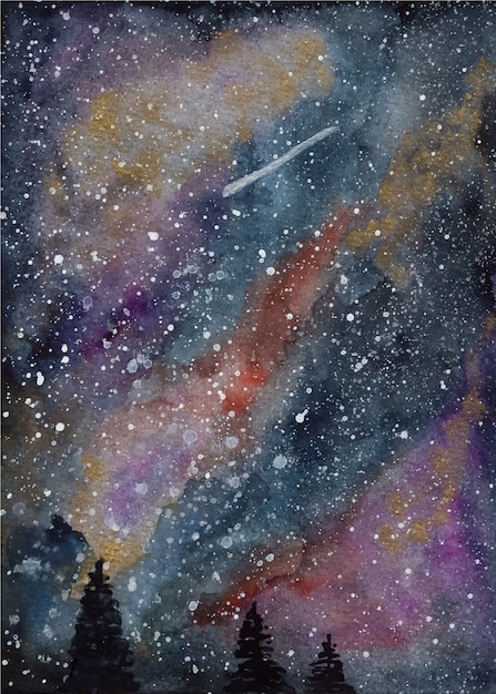 watercolor galaxy and pine trees background