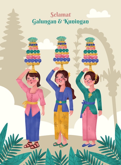 Vector watercolor galungan kuningan greeting with balinese woman