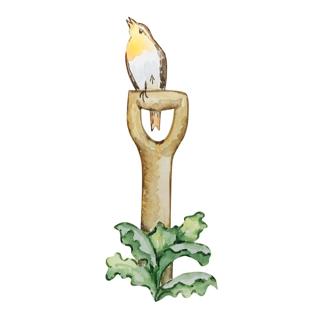 Watercolor garden shovel with a bird