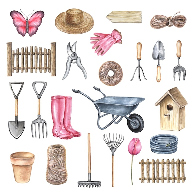 Vector watercolor garden tools for farmhouse gardening