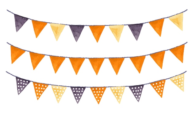 Watercolor Garland with different Flags for Halloween or Thanksgiving Day. Pennants set