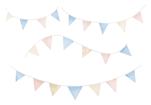 Watercolor Garlands set Hand drawn illustration of Pennant on isolated background in pastel blue