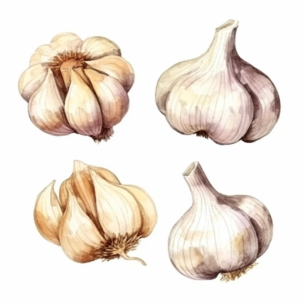 Vector watercolor garlic vector art 2023 vegetables watercolor onions garlic clove turnip patato