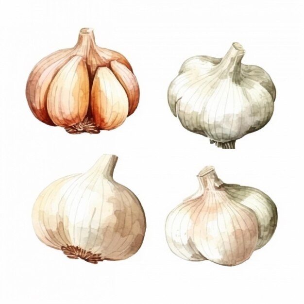 Vector watercolor garlic vector art 2023 vegetables watercolor onions garlic clove turnip patato