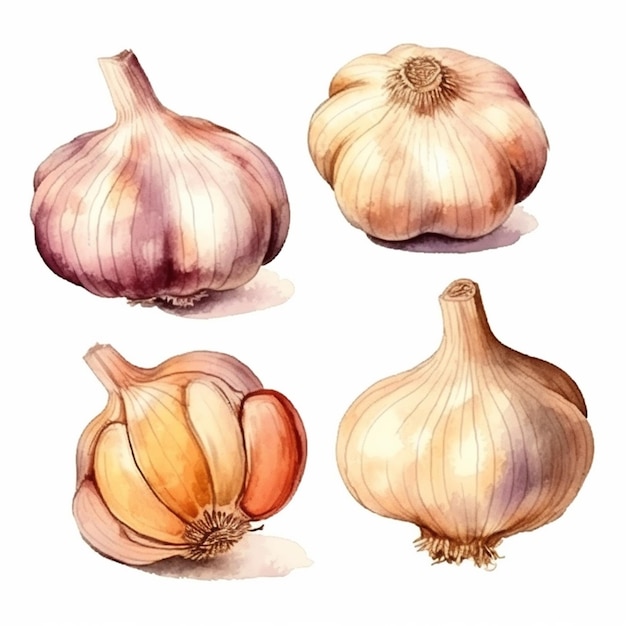 Vector watercolor garlic vector art 2023 vegetables watercolor onions garlic clove turnip patato