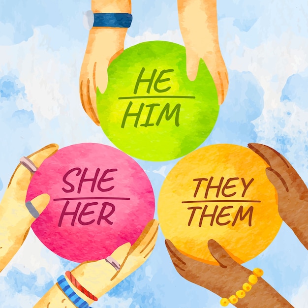 Vector watercolor gender pronouns illustration