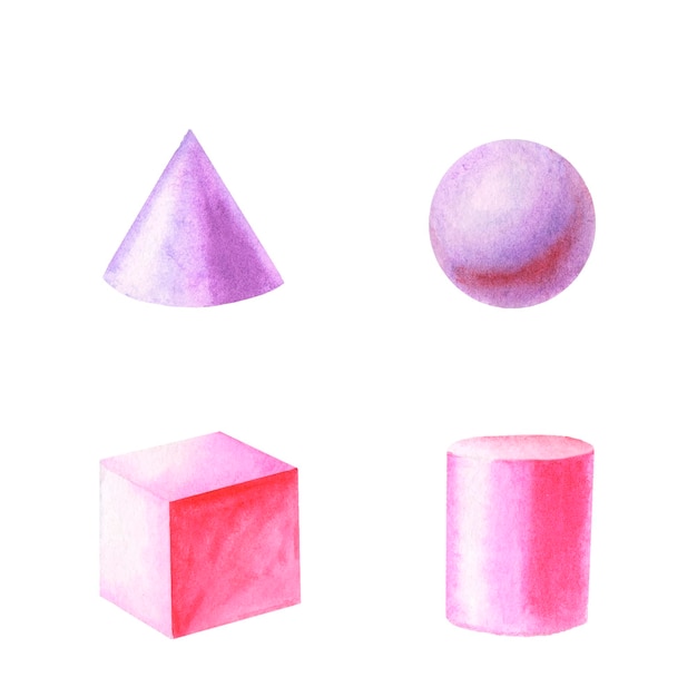 Watercolor geometric shapes cube, cylinder, cone, ball. Icons.