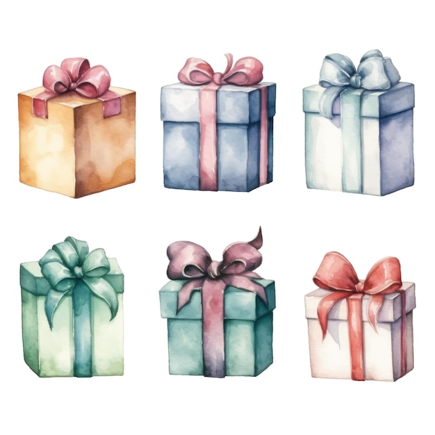 Watercolor gift boxes hand drawn illustration isolated on white background