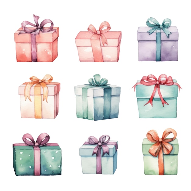 Watercolor gift boxes hand drawn illustration isolated on white background