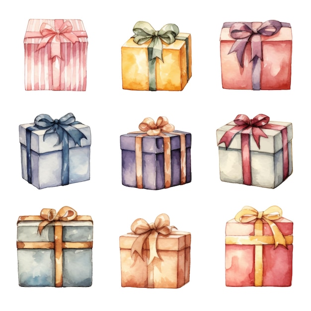 Watercolor gift boxes Hand drawn illustration isolated on white background