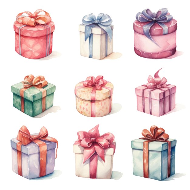 Vector watercolor gift boxes hand drawn illustration isolated on white background