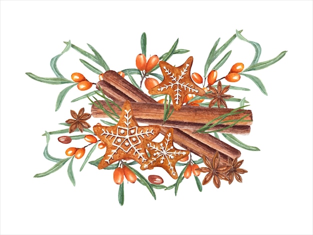 Watercolor gingerbread star shaped cookies with sea buckthorn branch cinnamon sticks star anises