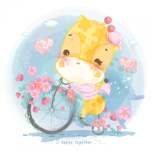 watercolor giraffe on a bike with flowers