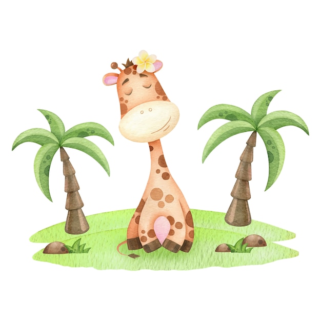 Vector watercolor giraffe on the island nice children's illustration