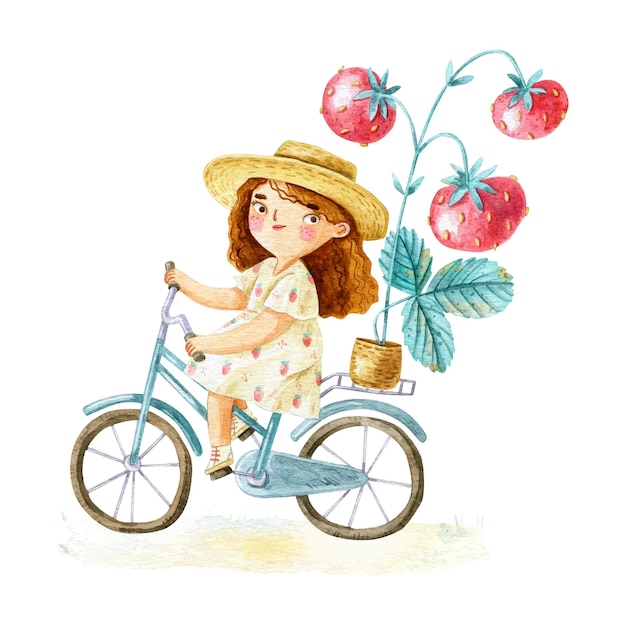 Watercolor girl on bicycle with strawberries
