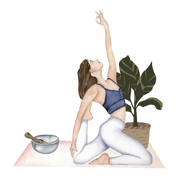 Watercolor girl yogini asana pose