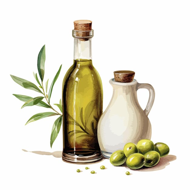 Акварель-стеклянная бутылка и керамическая банку с оливками