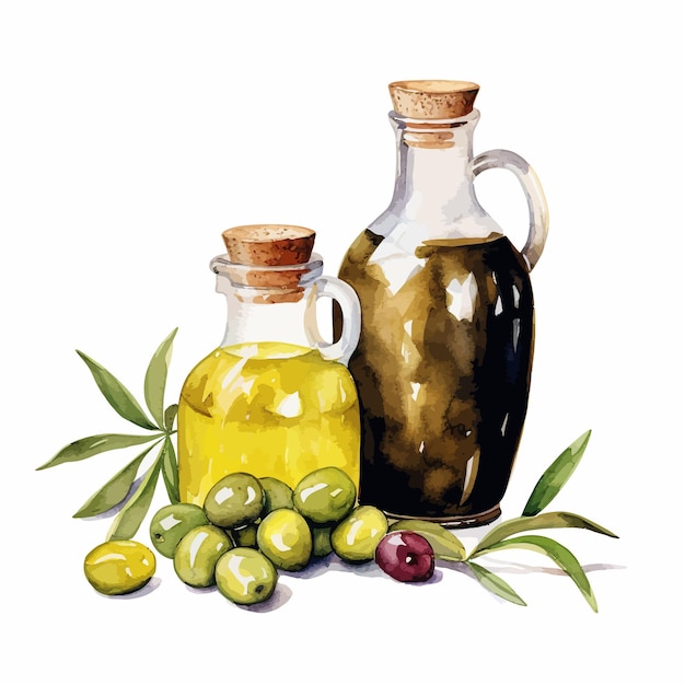 Vector watercolor_glass_bottle_and_ceramic_jar_of_olive