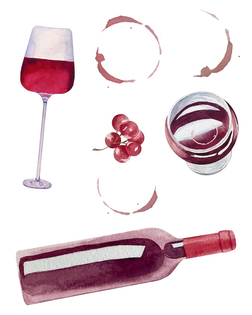 Vector watercolor glass and bottle of wine with realistic red wine glass rings