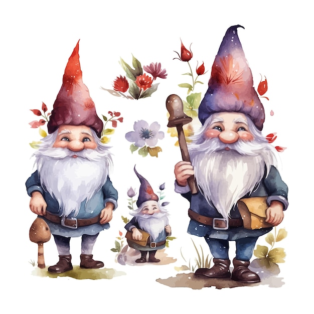 Watercolor gnome clipart set white background