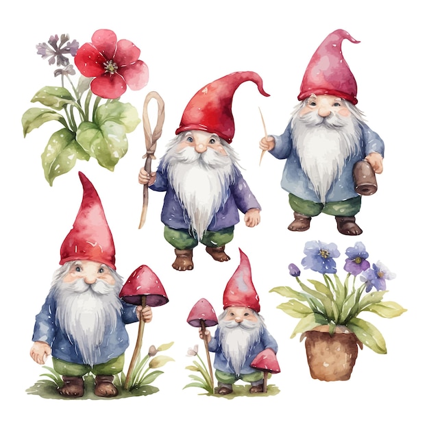 Watercolor gnome clipart set white background
