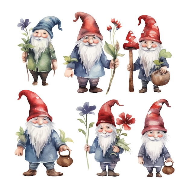 Watercolor gnome clipart set white background