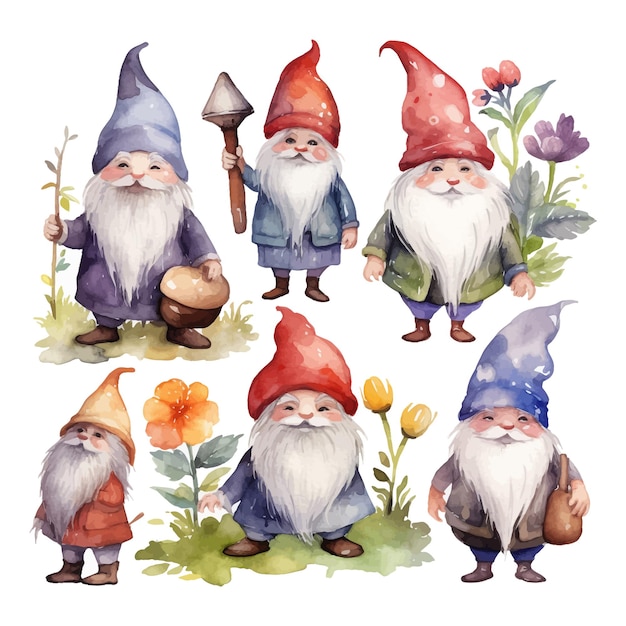 Watercolor gnome clipart set white background