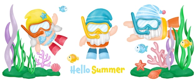 Watercolor Gnomes Diving Summer Clipart