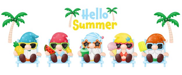 Vector watercolor gnomes summer beach clipart digital painting