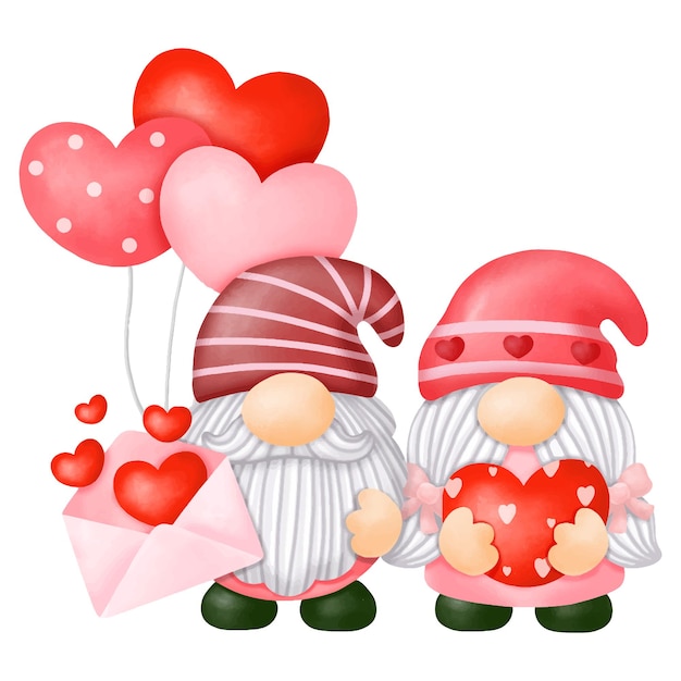 Watercolor Gnomes Valentine Clipart, Digital painting