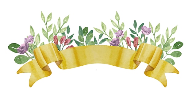 Vector watercolor gold ribbon with flowers and greenery