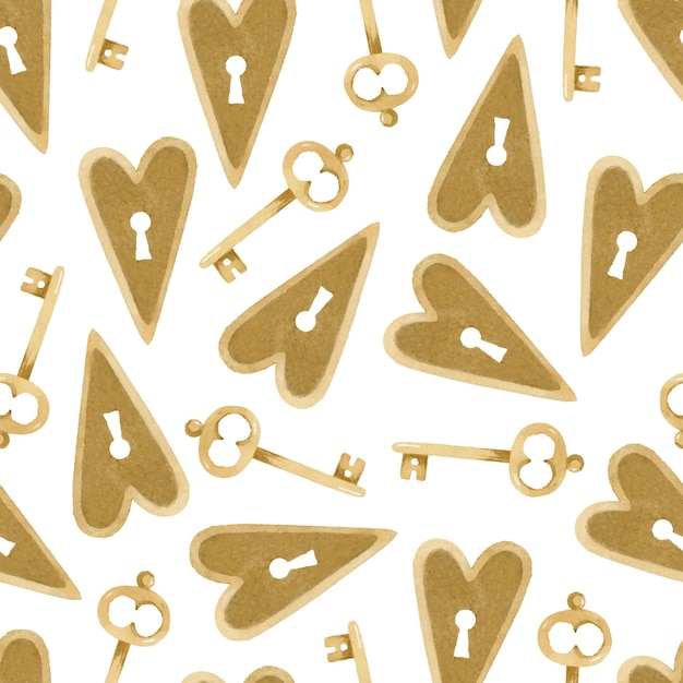 Watercolor golden heart lock and key seamless pattern
