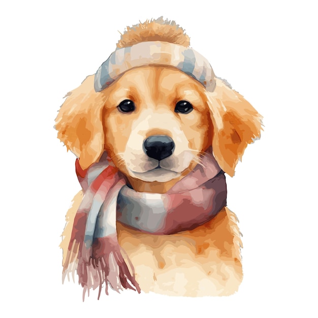 Vector watercolor golden retreiver dog with cotton hat and scarf