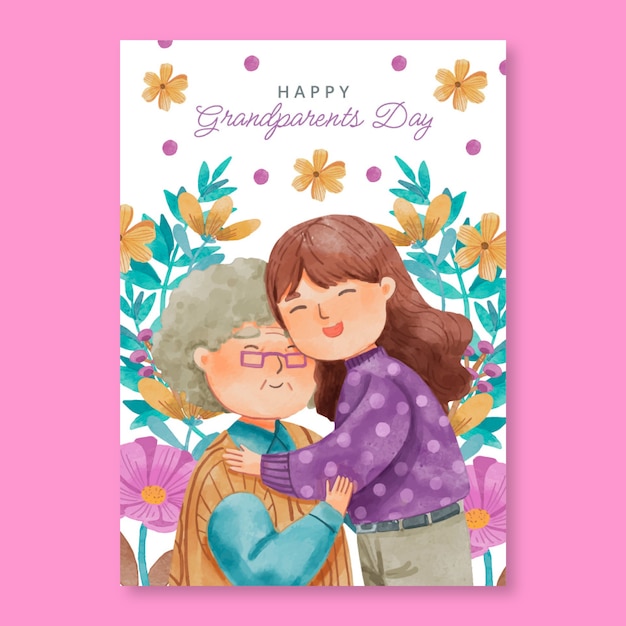 Vector watercolor grandparents day greeting card template with grandchild hugging grandmother