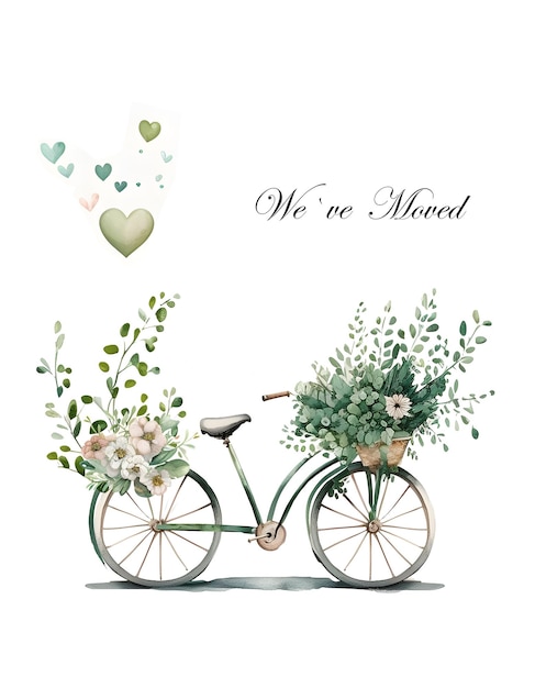 Watercolor green bycicle with flowers Wedding floral bycicle We have moved card
