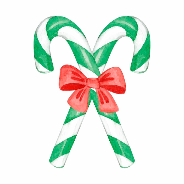 Watercolor green candy canes with bow. Christmas and winter holidays concept