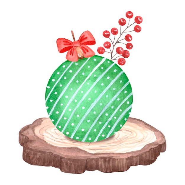 나무에 수채화 녹색 크리스마스 공입니다. 새해 복 많이 받으세요. 디자인, 인쇄, 엽서,