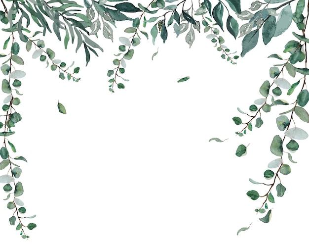 Vector watercolor green leaves chain curtain over white background