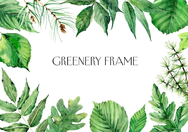 Watercolor green leaves frame background