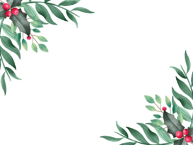 watercolor green leaves and red berries corner background perfect for invitations weddings