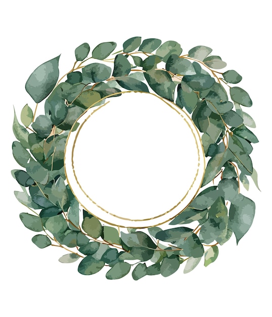 Vector watercolor green leaves wreath with golden circle on white background