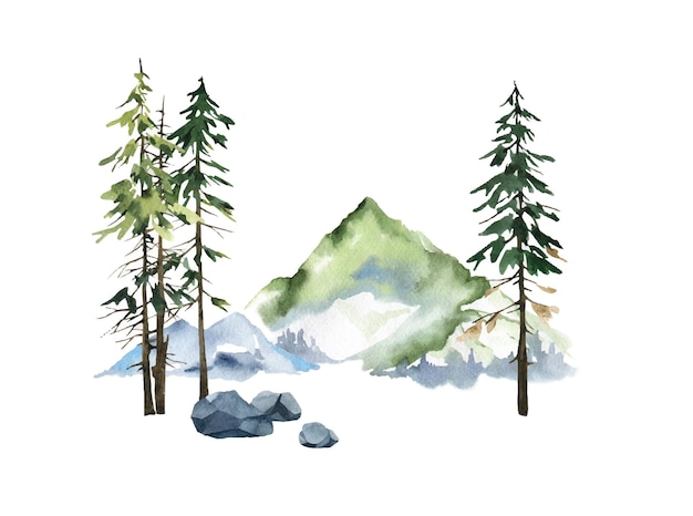 Vector watercolor green mountain forest landscape illustration