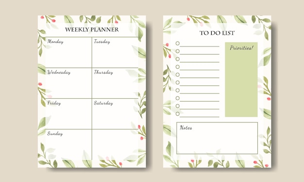 Watercolor Green Plant Leaf Weekly Planner Template Printable