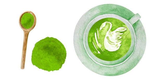 Vettore acquerello tè verde matcha latte con schiuma art tazza di matcha latte e polvere di matcha vista dall'alto
